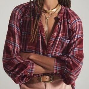 ANTHROPOLOGIE PILCRO Burgundy Plaid Button-Down Shirt Size M
